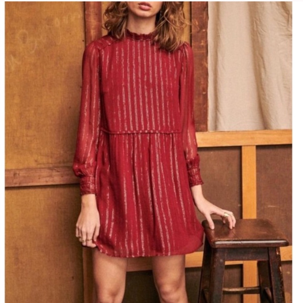 SEZANE Burgundy Metallic Gold Silver Striped Long Sleeve Silk Odile Mini Dress